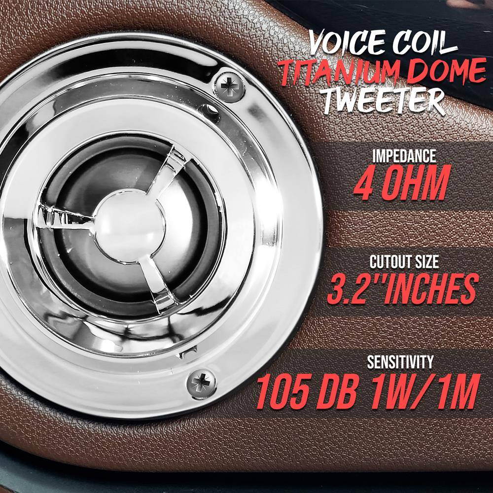 VOICE COIL TITANIUM DOME TWEETER  
IMPEDANCE 4 OHM  
CUTOUT SIZE 3.2" INCHES  
SENSITIVITY 105 DB 1W/1M