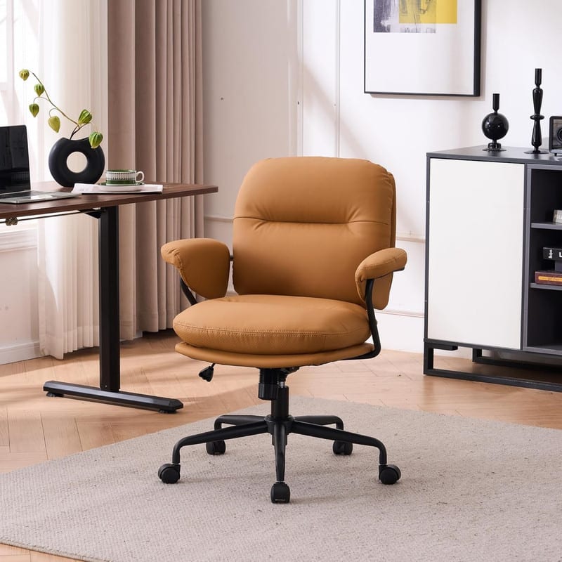 HTUTWOO - 360° Swivel PU Leather Office Chair, Adjustable Height Ergonomic Desk Chair, Sturdy Metal Frame, for Home Office - Brown