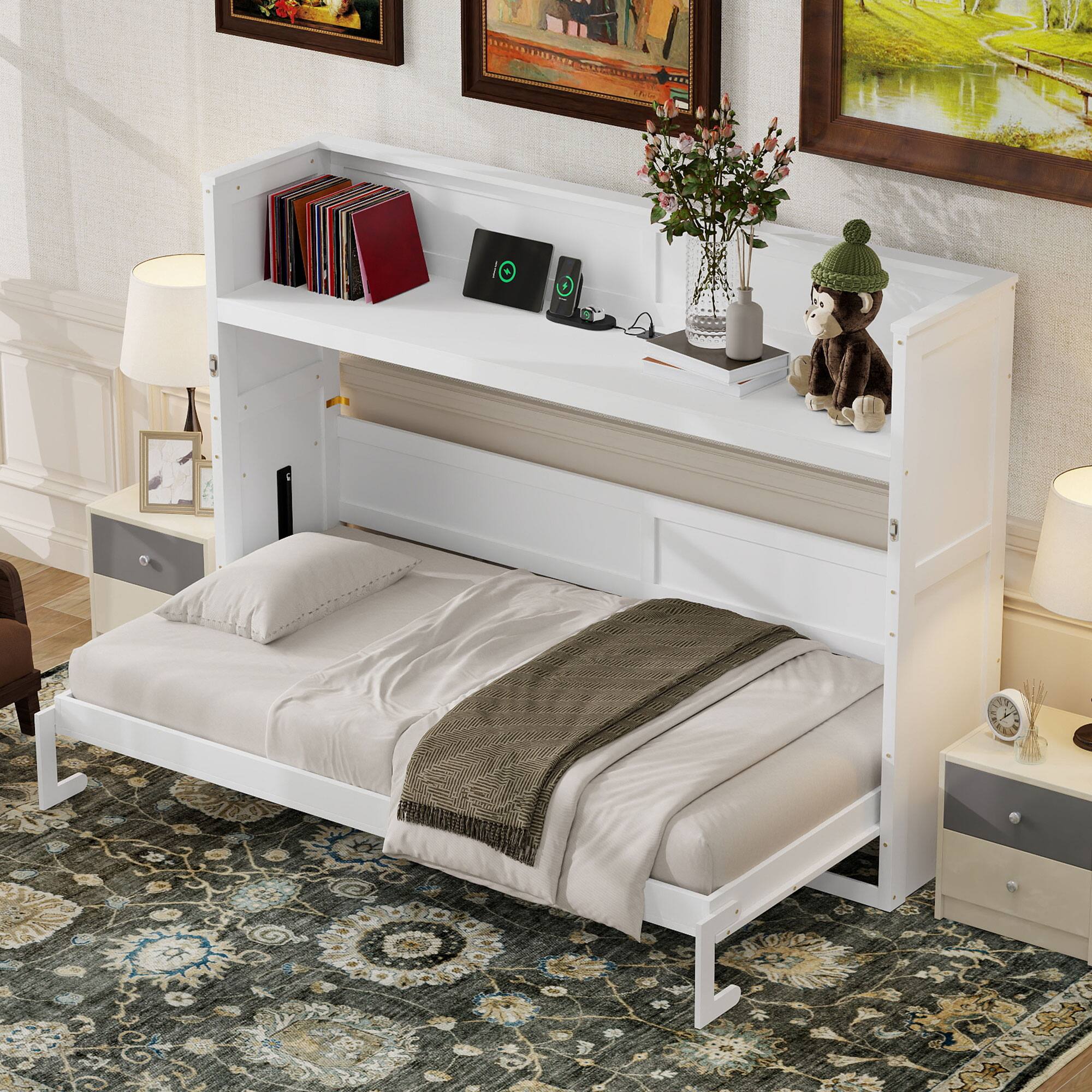 Left. Whisen - Twin XL Murphy Bed with Desk, LED Light, USB Charging Station, Space-Saving Wall Bed for Guest Room - White.