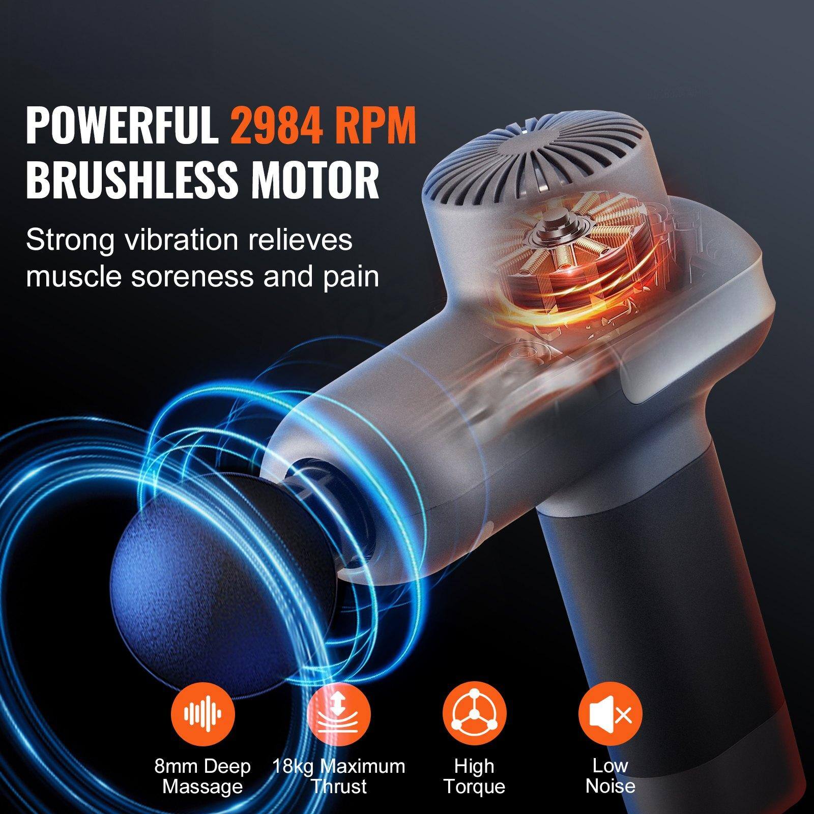 POWERFUL 2984 RPM BRUSHLESS MOTOR  
Strong vibration relieves muscle soreness and pain  

8mm Deep Massage  
18kg Maximum Thrust  
High Torque  
Low Noise