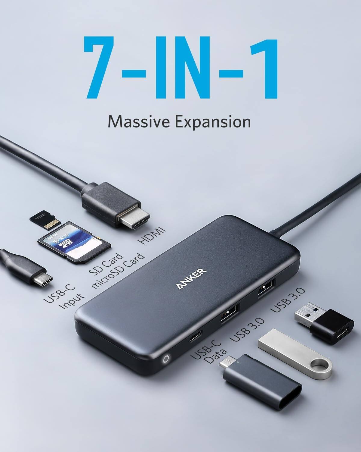 7-IN-1 Massive Expansion

- HDMI
- SD Card
- microSD Card
- USB-C Input
- USB 3.0
- USB-C Data