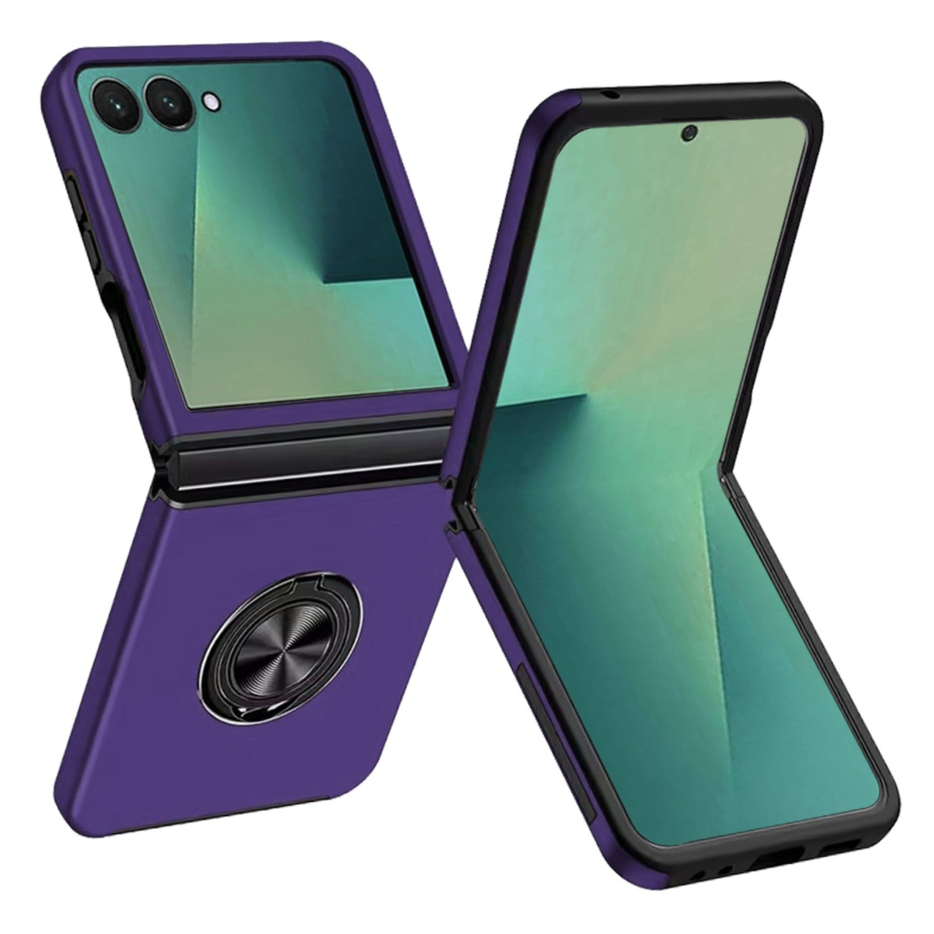 Left. Kitcheniva - Rubber Dual Layer Magnetic Ring Stand Case With Tempered Glass For Samsung Z Flip7 Dark Purple - Dark Purple.