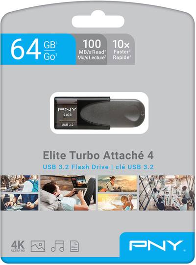 PNY Elite Turbo Attache 4 64GB USB 3.2 Flash Drive Gray P PNY Elite Turbo Attache 4 64GB USB 3.2 Flash Drive Gray P