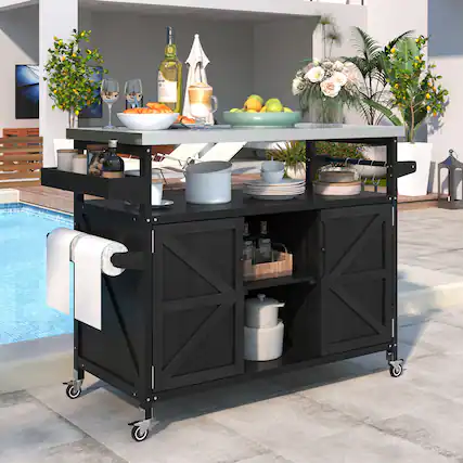 Front. Chateau Abodes - Outdoor Kitchen Island with Stainless Steel Top, Farmhouse Solid Wood Cabinet, Spice Rack & Towel Rack - Black.