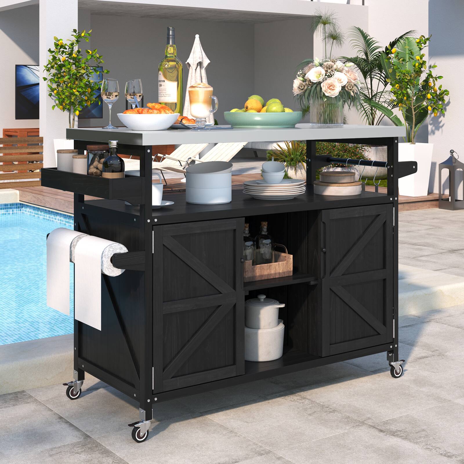 Front. Chateau Abodes - Outdoor Kitchen Island with Stainless Steel Top, Farmhouse Solid Wood Cabinet, Spice Rack & Towel Rack - Black.