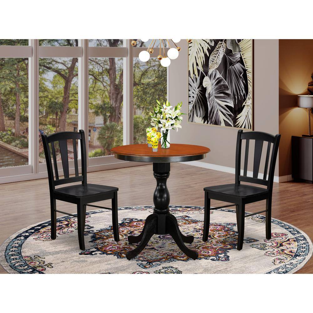 Angle. East West Furniture - East West Furniture 3-Piece Mid Century Dining Set Consist of Round Table and 2 Wooden Chairs with Slatted Back - Black - Multi-Color.