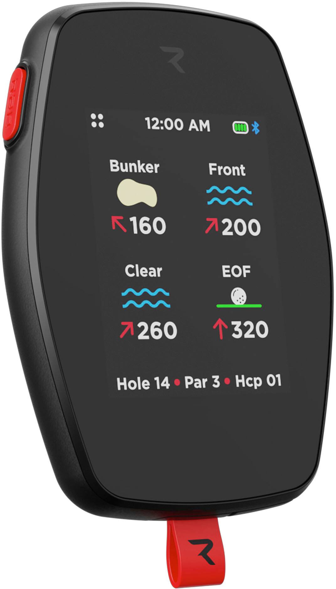 The text on the image reads: "12:00 AM IIII Bunker Front 160 7 200 Clear EOF 260 320 Hole 14 Par 3 Hcp 01."