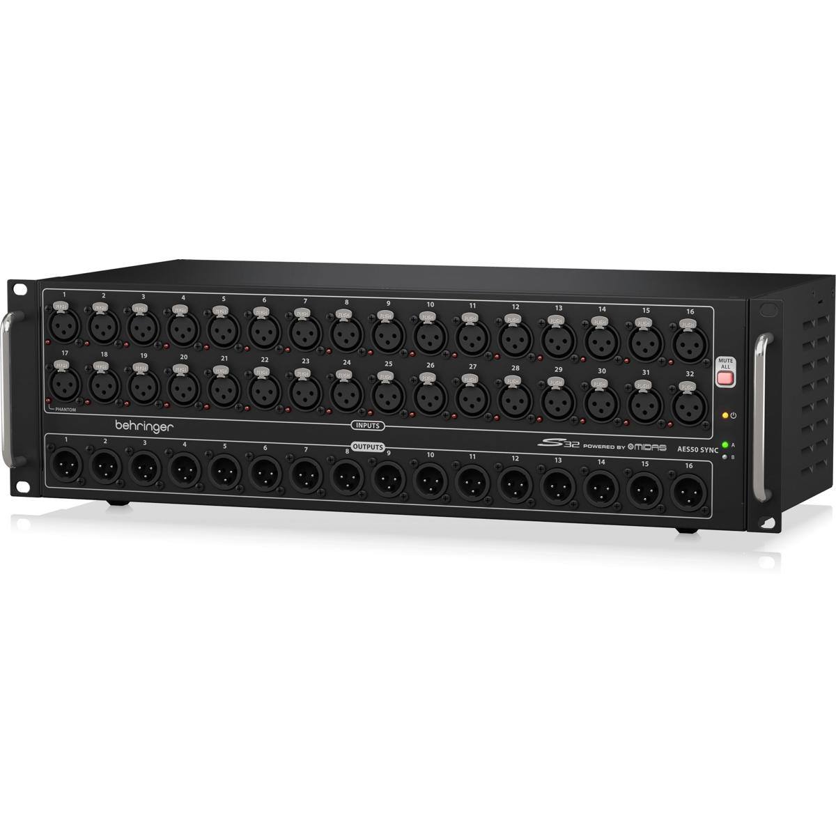 1
2
I
I
5
5
7
8
9
10
11
12
13
14
15
16
11
18
15
20
21
22
23
24
25
26
27
28
29
30
31
32
MUTE ALL
1
behringer 2 3
INPUTS OUTPUTS - 9
10
11
12
S32 POWERED BY OMCAS AES60 SYNC 13 14 15 16