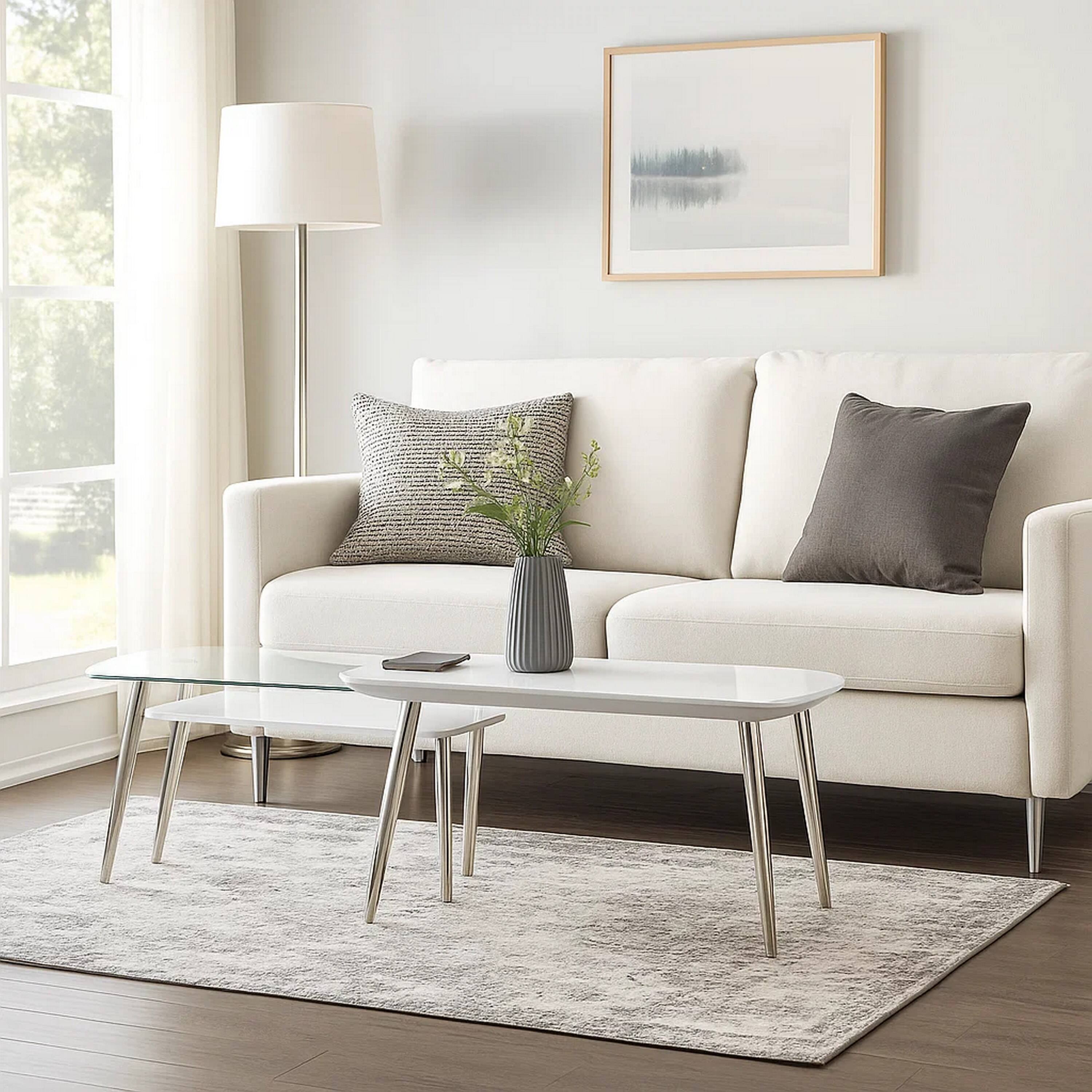 Alt View 6. Manhattan Lane - Coffee Table with Pull Out Tabletop - White, Silver.
