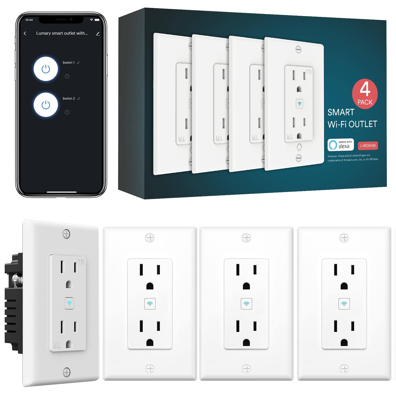 Lumary smart outlet with... Switch 1 Switch 2 - 4 PACK SMART Wi-Fi OUTLET - alexa LWOS100