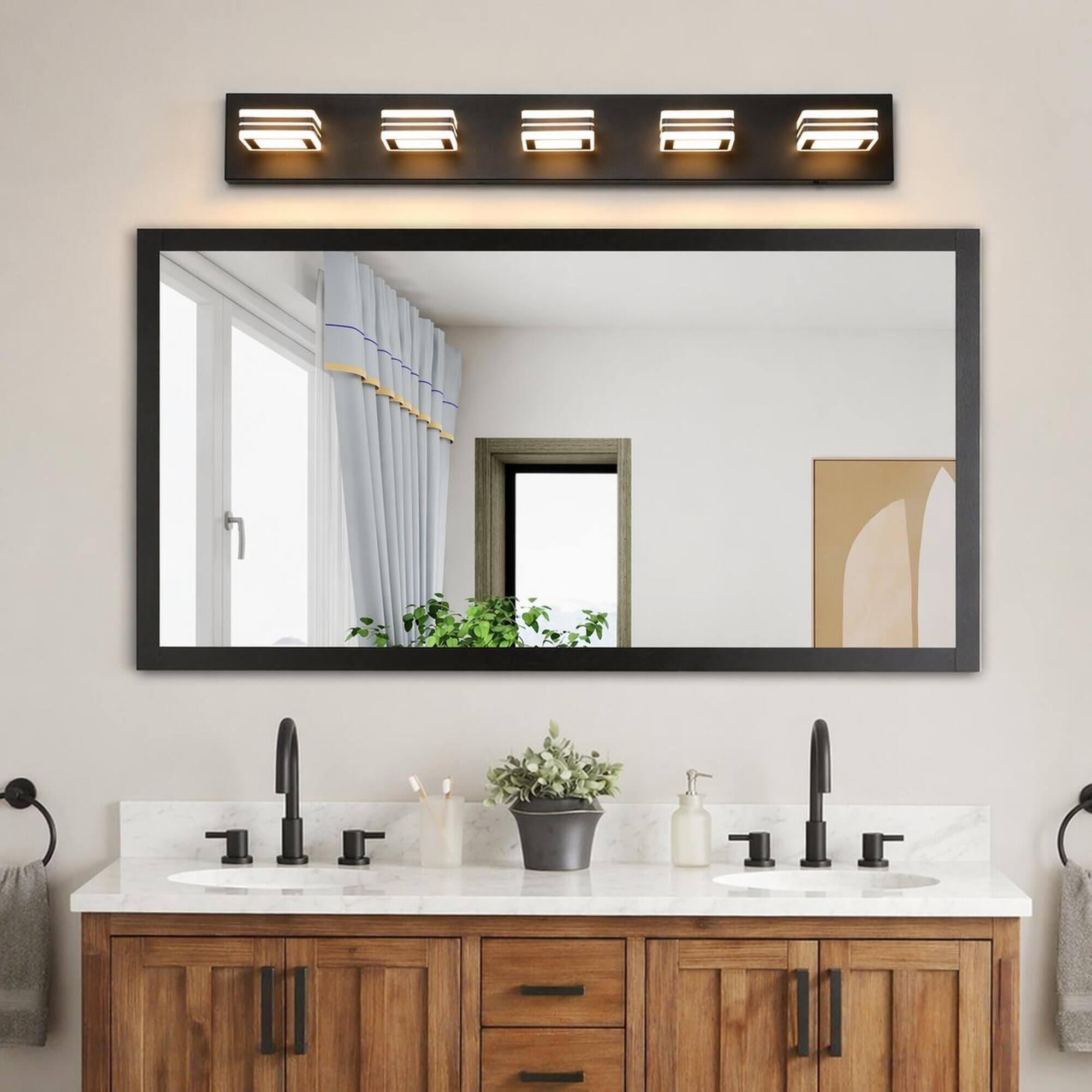 Angle. RYHNUYNE - 5‑Light LED Vanity Light, 34" Modern Bathroom Wall Light Fixture, Over Mirror Bath Vanity Lighting - Black.