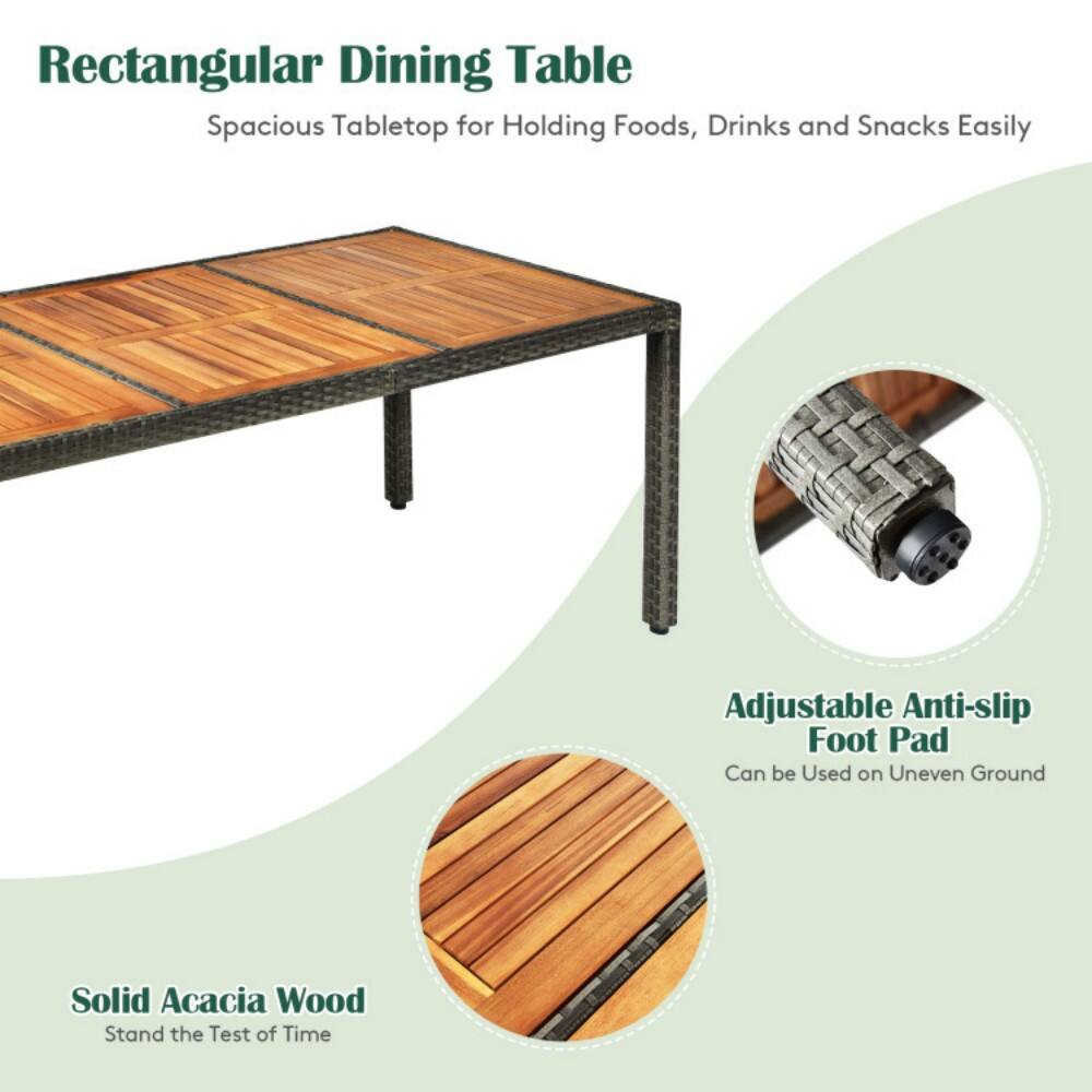 Rectangular Dining Table  
Spacious Tabletop for Holding Foods, Drinks and Snacks Easily  

Adjustable Anti-slip Foot Pad  
Can be Used on Uneven Ground  

Solid Acacia Wood  
Stand the Test of Time