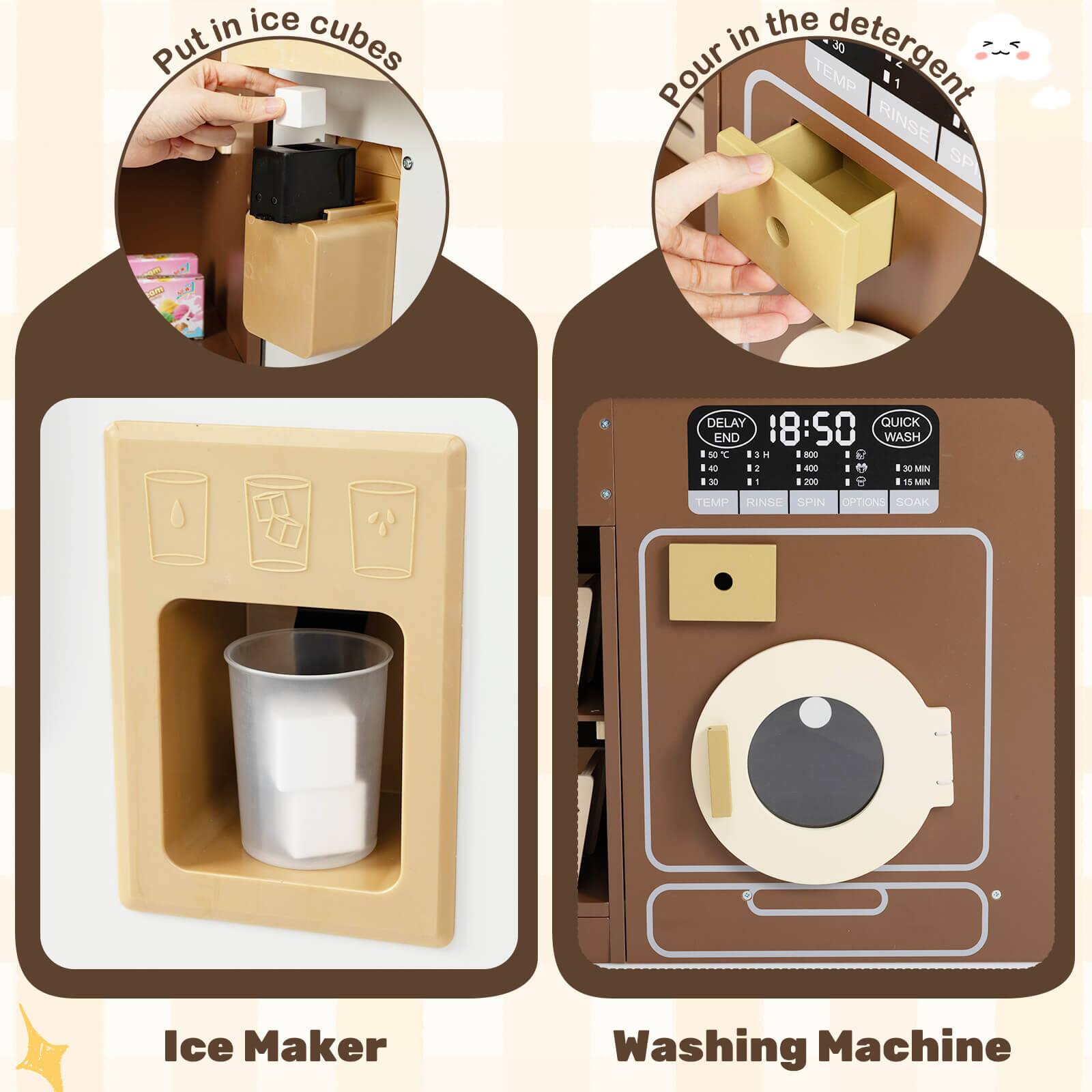 - Put in ice cubes
- Pour in the detergent

- Ice Maker
- Washing Machine

- DELAY 18:50 QUICK WASH END
- TEMP RINSE SPIN OPTION SOAK
- 50°C 30 MIN
- 40°C 15 MIN
- 30°C 10 MIN