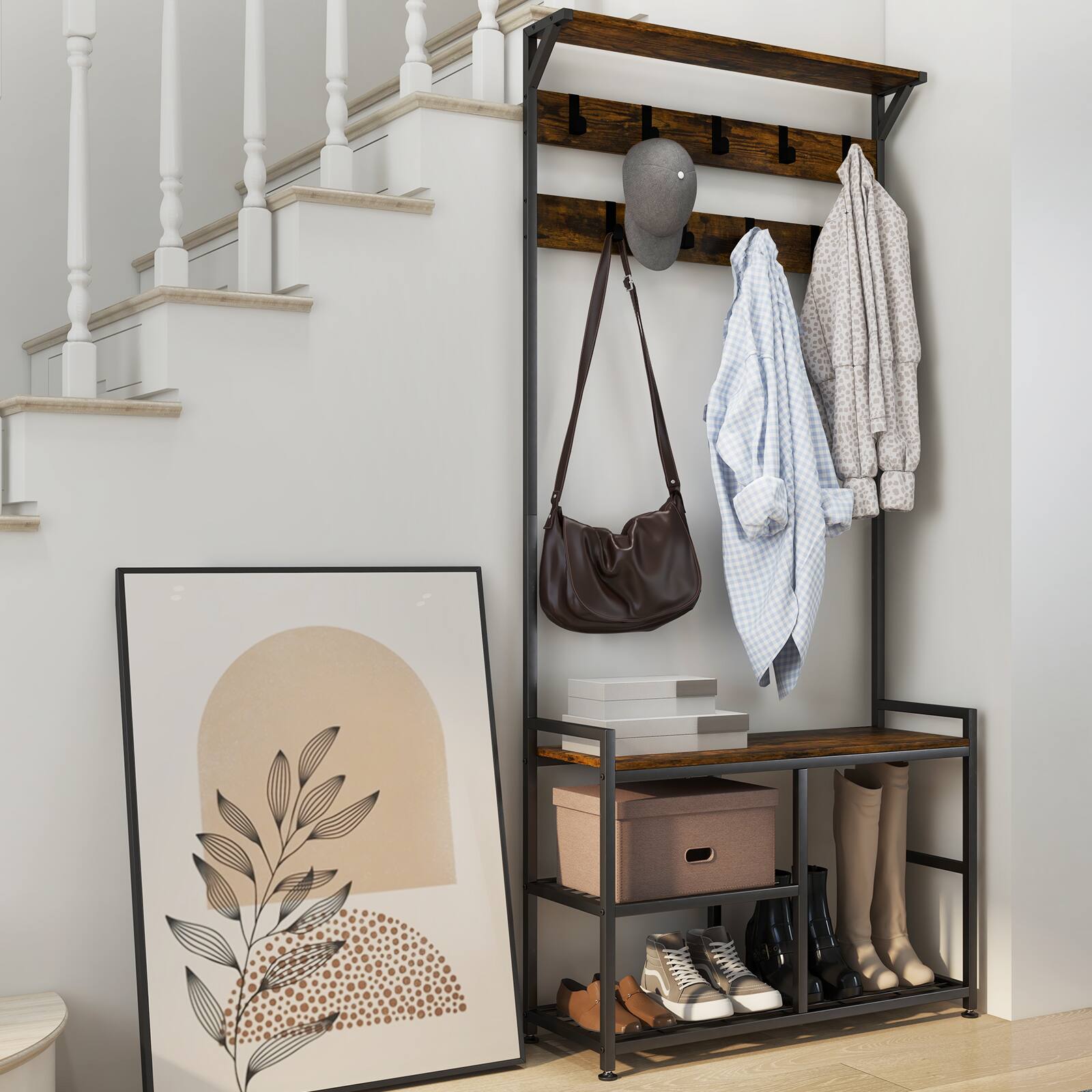 Alt View 3. Costway - Costway Costway 3-in-1 Coat Rack Industrial Hall Tree Shoe Bench Entryway Storage Shelf with Hooks - Rustic Brown.