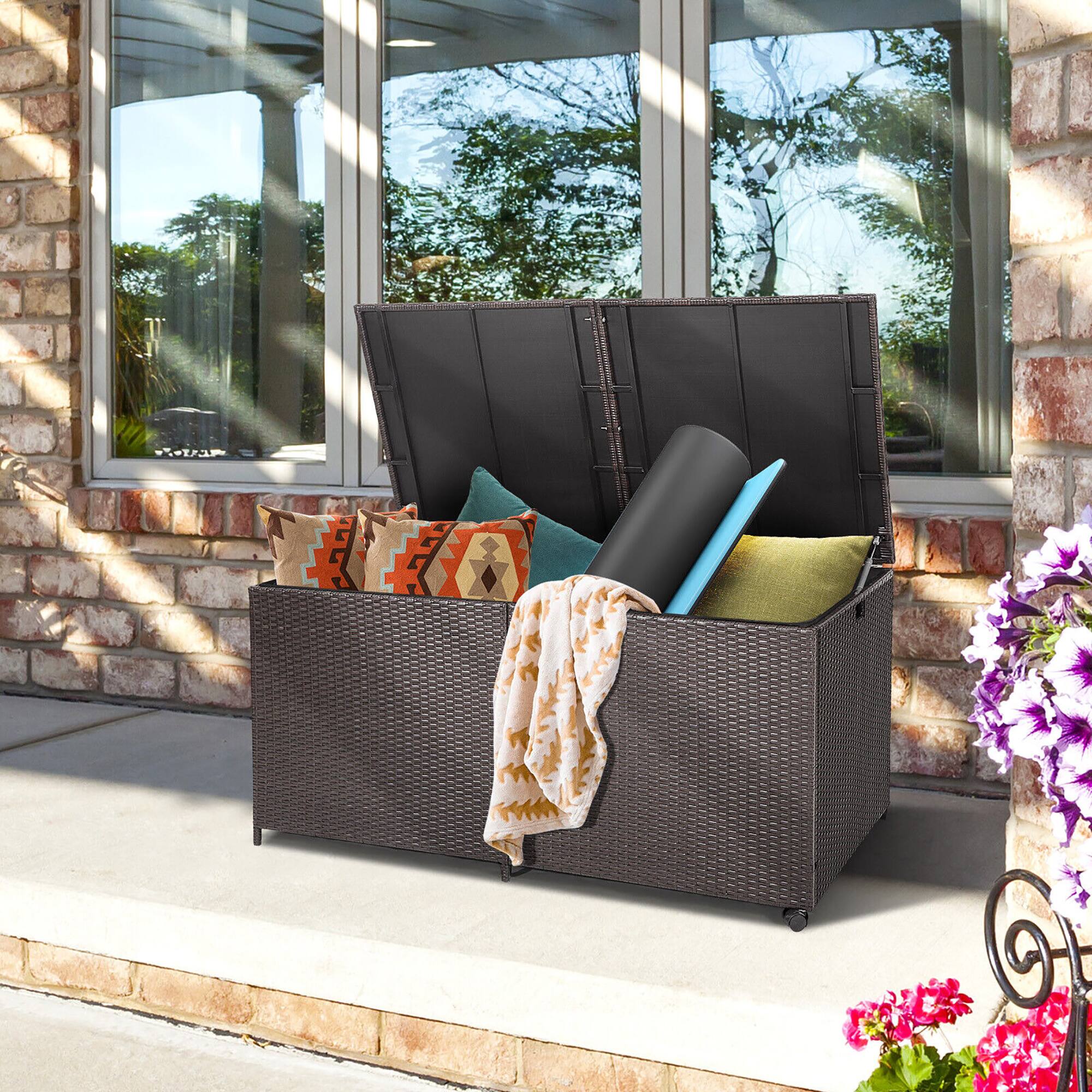 Alt View 3. Gymax - Gymax Patio 175 Gallon Rattan Wicker Storage Deck Box Container Wheels w/ Liner Garden - Mix Brown.