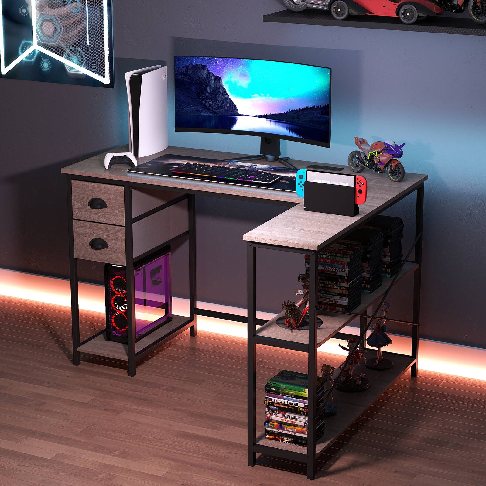 Alt View 3. Gymax - Gymax L Shaped Desk Corner Computer Desk w/ 2 Fabric Drawers Charging Station Gray & Black - Gray.