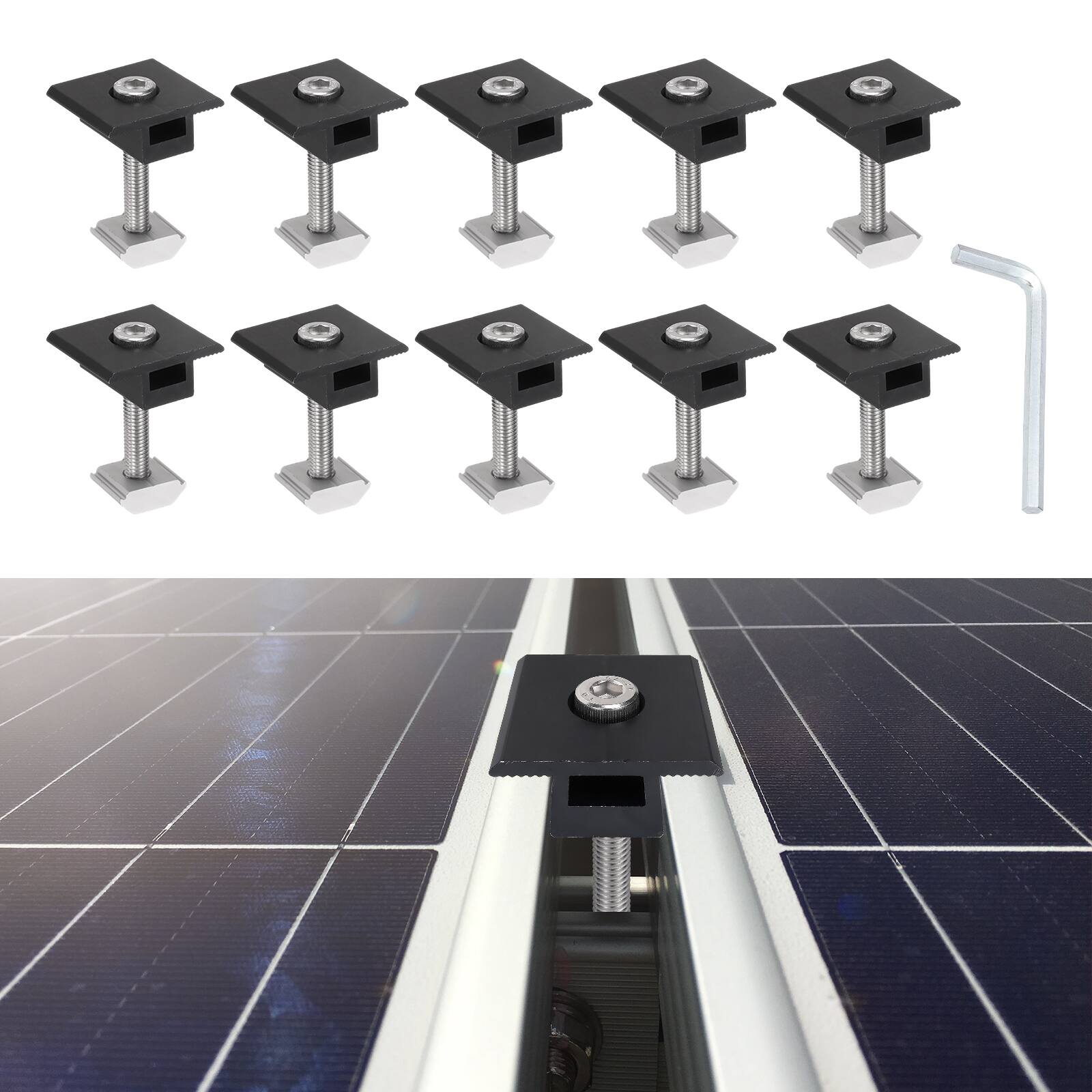 Front. Unique Bargains - Solar Panel Mounting Set, 10 Mid Clamps for 40mm Panel Thickness for Metal/RV Roof, w/ Wrench - Black.