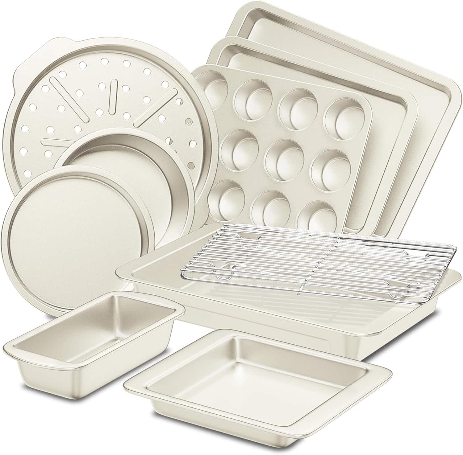 HONGBAKE - 10 Pieces Bakeware Sets Including Rack, Cookie Sheet, Cake Pans, Loaf Pan, Muffin Pan, Pizza Pan - Cream
