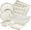 Front. HONGBAKE - 10 Pieces Bakeware Sets Including Rack, Cookie Sheet, Cake Pans, Loaf Pan, Muffin Pan, Pizza Pan - Cream.