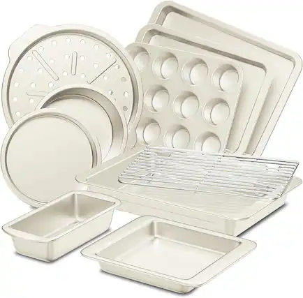 Front. HONGBAKE - 10 Pieces Bakeware Sets Including Rack, Cookie Sheet, Cake Pans, Loaf Pan, Muffin Pan, Pizza Pan - Cream.