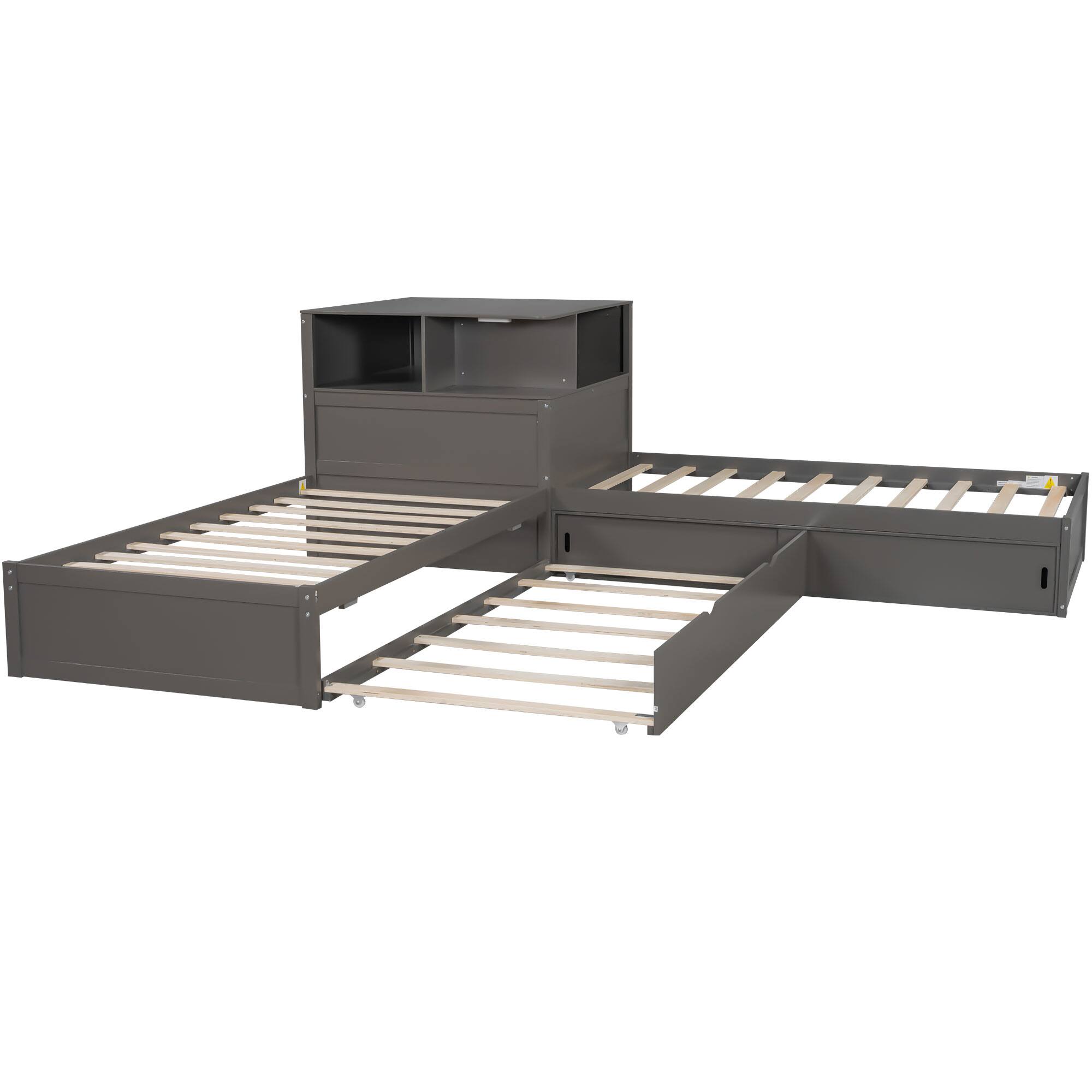 Back. Whisen - L-Shaped Twin Platform Bed with Trundle, Built-in Desk, Storage Cabinets & LED Lights, Wood Frame - Gray.