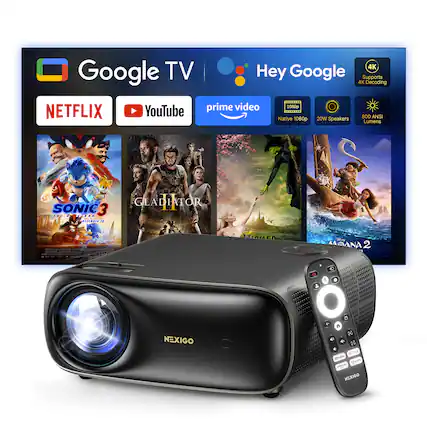 Sure, here is the corrected and grouped text from the image:
---
**Google TV**
- **Hey Google**
- **4K** Supports 4K Decoding
- **Native 1080p**
- **20W Speakers**
- **800 ANSI Lumens**
**Streaming Services:**
- **NETFLIX**
- **YouTube**
- **prime video**
**Movies/Shows:**
- **SONIC 3**
- **GLADIATOR**
- **MOANA 2**
**Brand:**
- **NEXIGO**
---