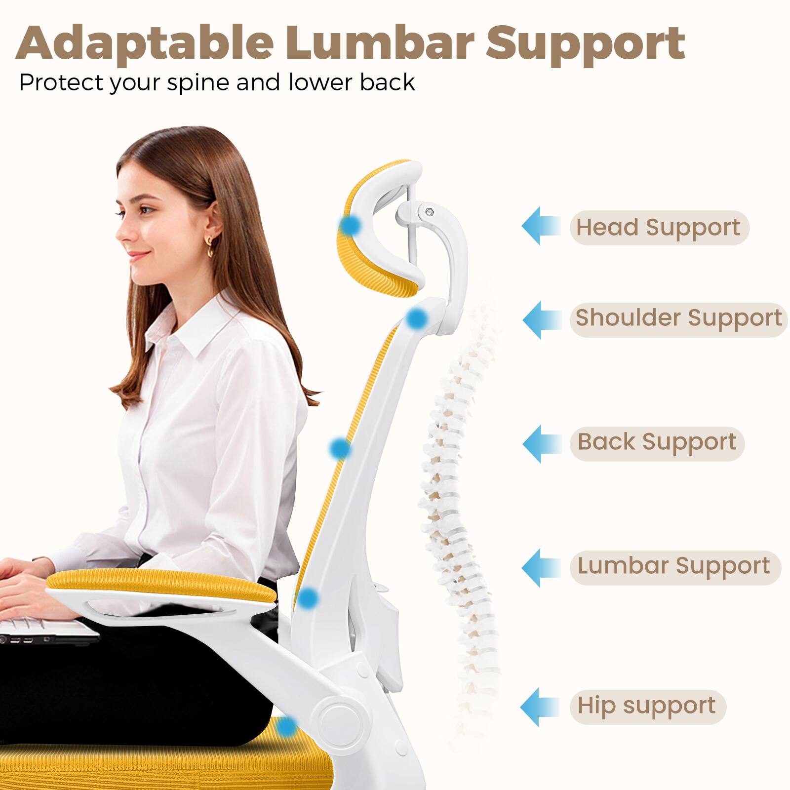 Adaptable Lumbar Support  
Protect your spine and lower back  
Head Support  
Shoulder Support  
Back Support  
Lumbar Support  
Hip support