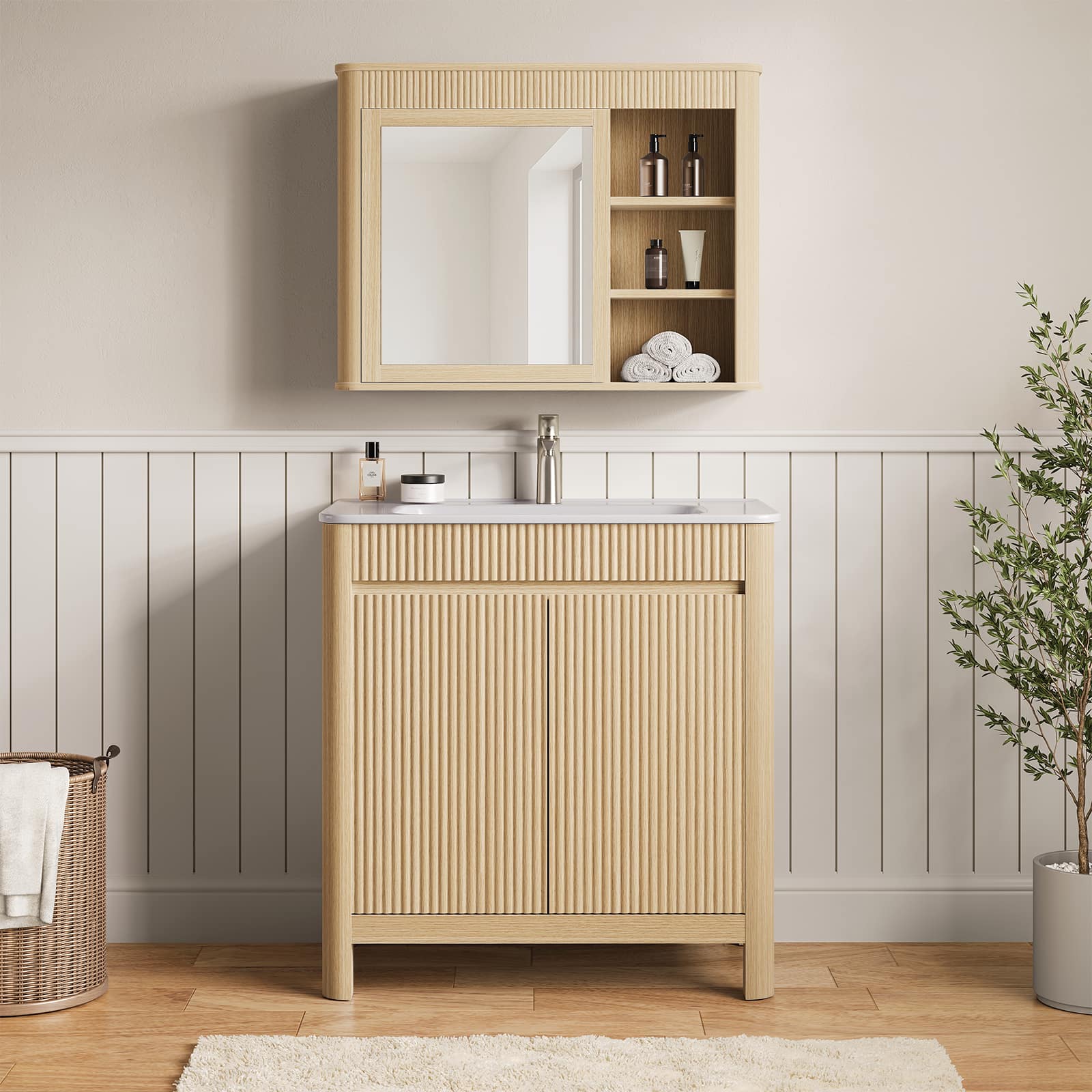 ModernMate - 30" Single Bathroom Vanity Set with Mirror Cabinet, Soft Close Doors - Natural Oak