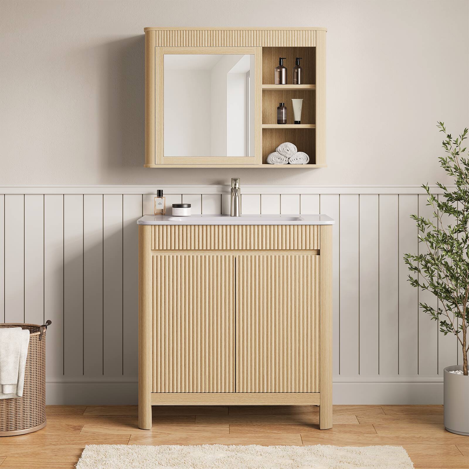 Front. ModernMate - 30" Single Bathroom Vanity Set with Mirror Cabinet, Soft Close Drawers - Natural Oak.