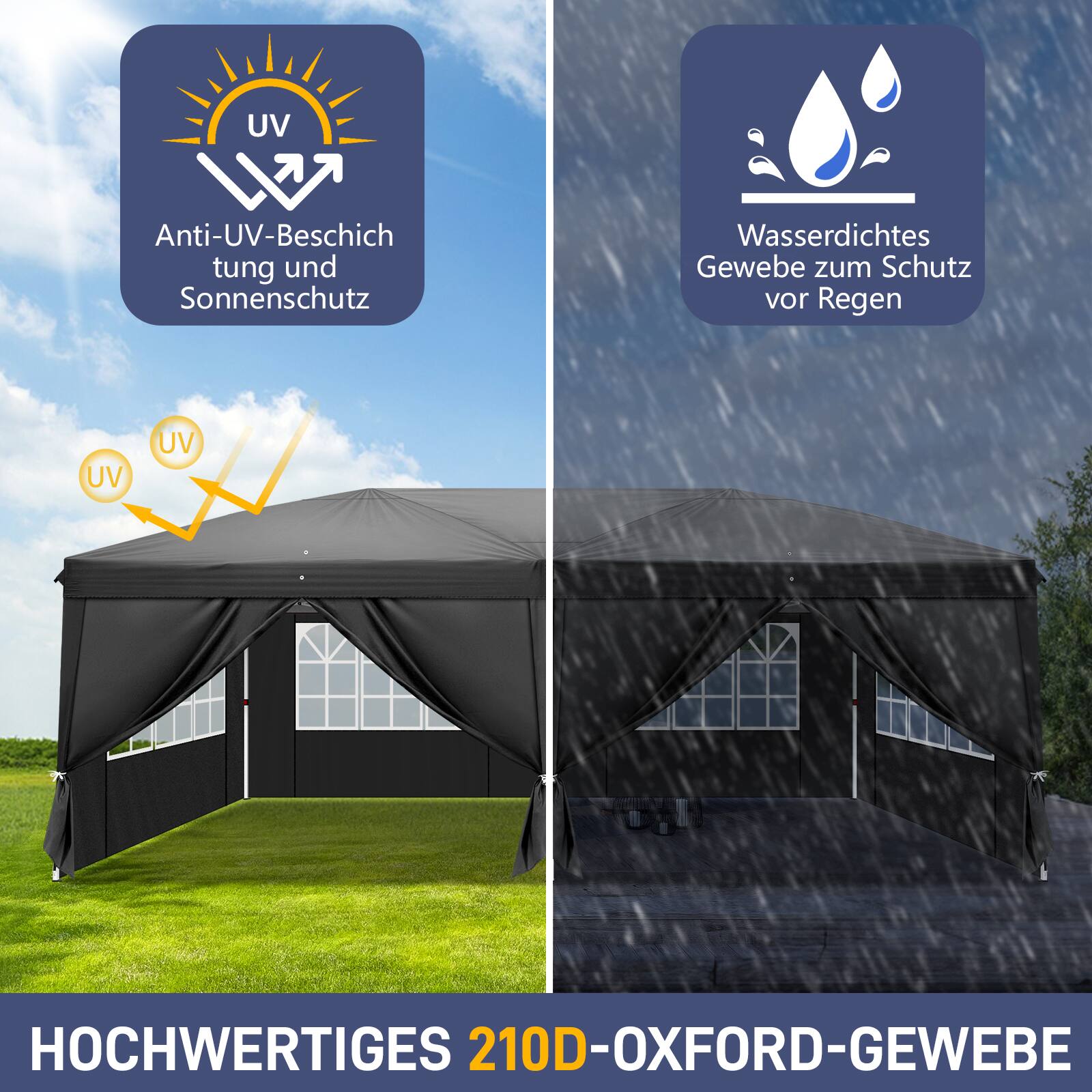 UV Anti-UV-Beschichtung und Sonnenschutz  
Wasserdichtes Gewebe zum Schutz vor Regen  
HOCHWERTIGES 210D-OXFORD-GEWEBE