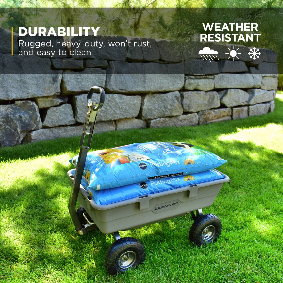 DURABILITY  
Rugged, heavy-duty, won't rust, and easy to clean  

WEATHER RESISTANT  

Gorilla Larts