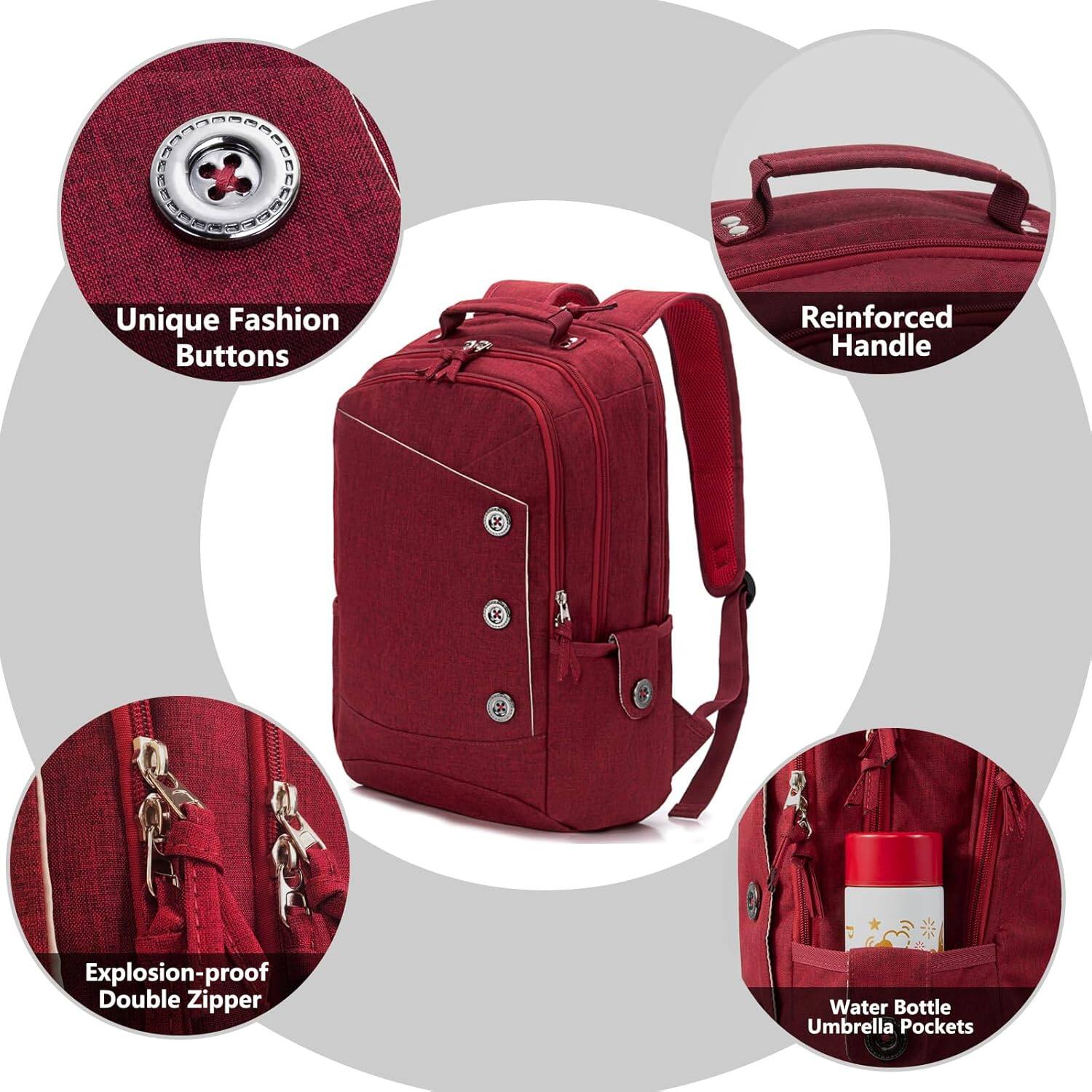 Unique Fashion Buttons  
Reinforced Handle  
Explosion-proof Double Zipper  
Water Bottle Umbrella Pockets