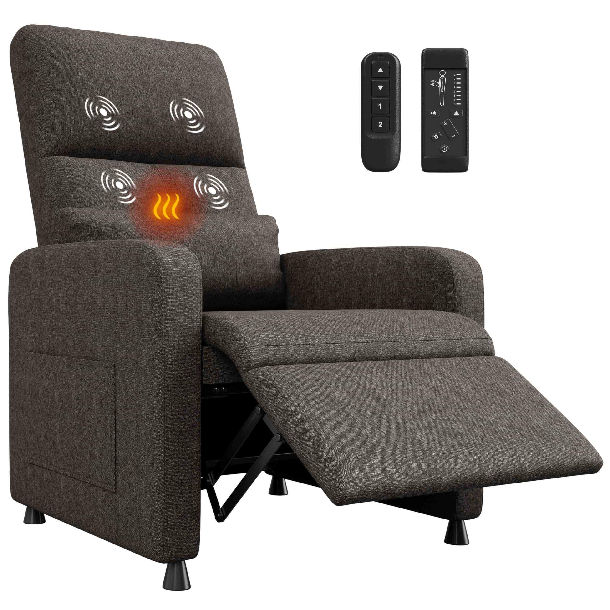 Acekool - Power Recliner Chair with Massage & Heat, Adjustable Linen Electric Recliner with USB Port, Side Pockets & Tall Back - Brown