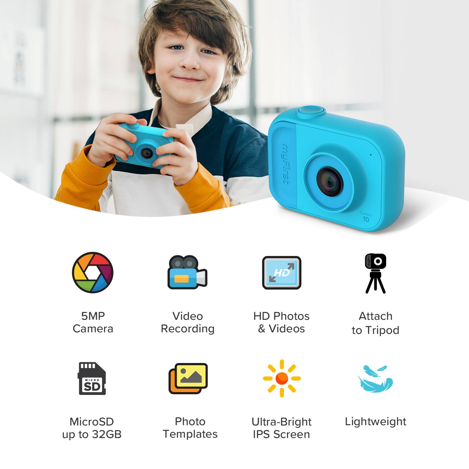 The text on the image is grouped and corrected as follows:

1. myFirst Camera:
- 10 MP HD Camera
- Video Recording
- HD Photos & Videos
- Attach to Tripod
- SD MicroSD up to 32GB
- Photo
- Ultra-Bright
- Lightweight
- Templates
- IPS Screen