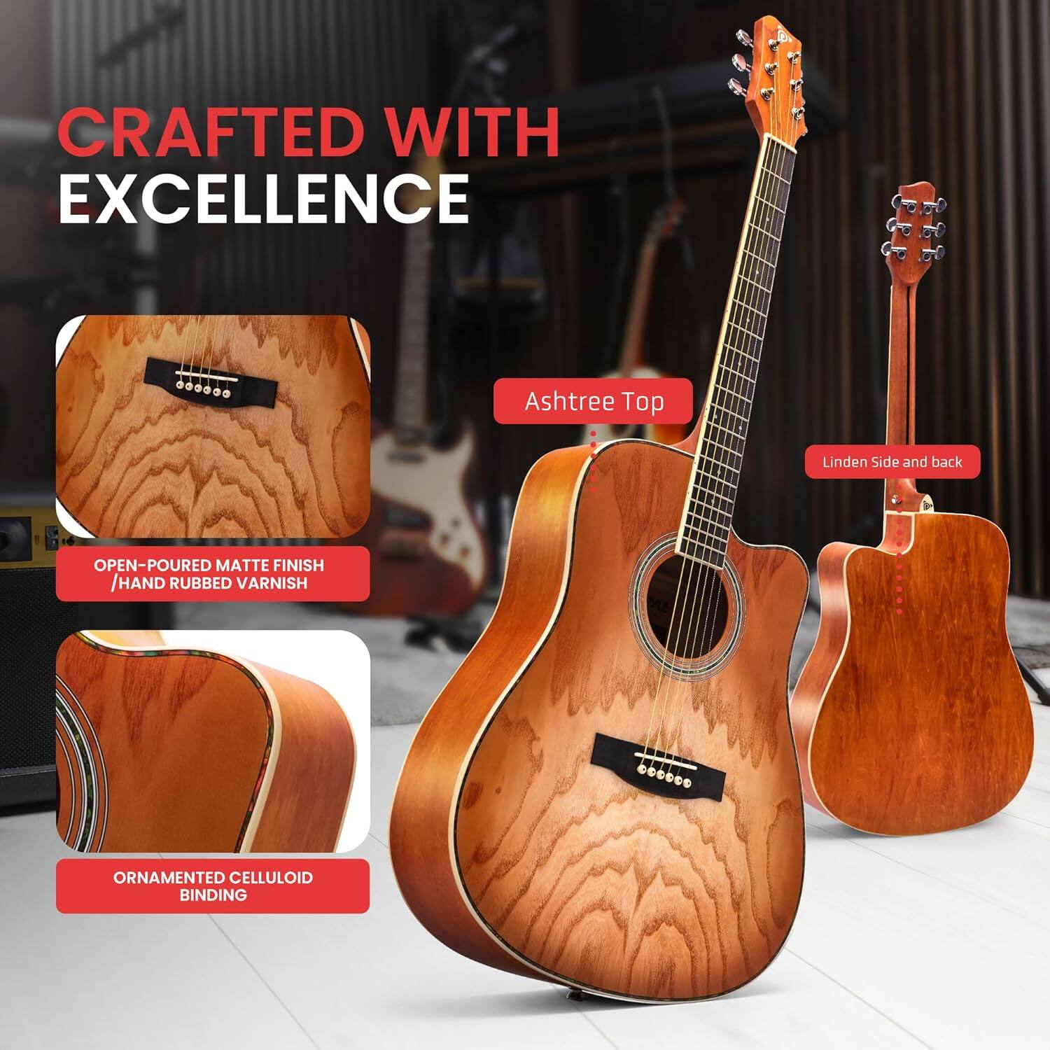 CRAFTED WITH EXCELLENCE

Ashtree Top
Linden Side and back
OPEN-POURED MATTE FINISH /HAND RUBBED VARNISH
ORNAMENTED CELLULOID BINDING