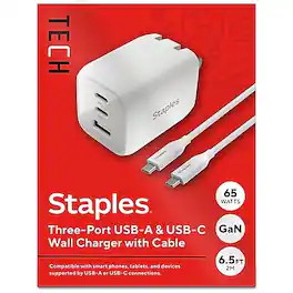 Staples TECH - GaN USB-A/USB-C Wall Charger with Cable, 65W, White (ST62326) - White