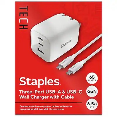 Staples
TECH
Three-Port USB-A & USB-C GaN Wall Charger with Cable
65 WATTS
Compatible with smartphones, tablets, and devices supported by USB-A or USB-C connections.
6.5FT (2M)
