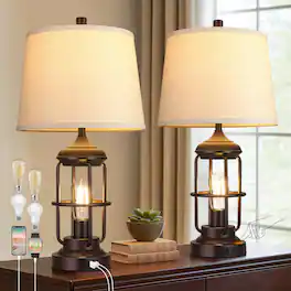Pawtners - Farmhouse Industrial Table Lamps Set of 2, USB A+C Ports, 3-Way Dimmable Touch Control (Bulbs Included)