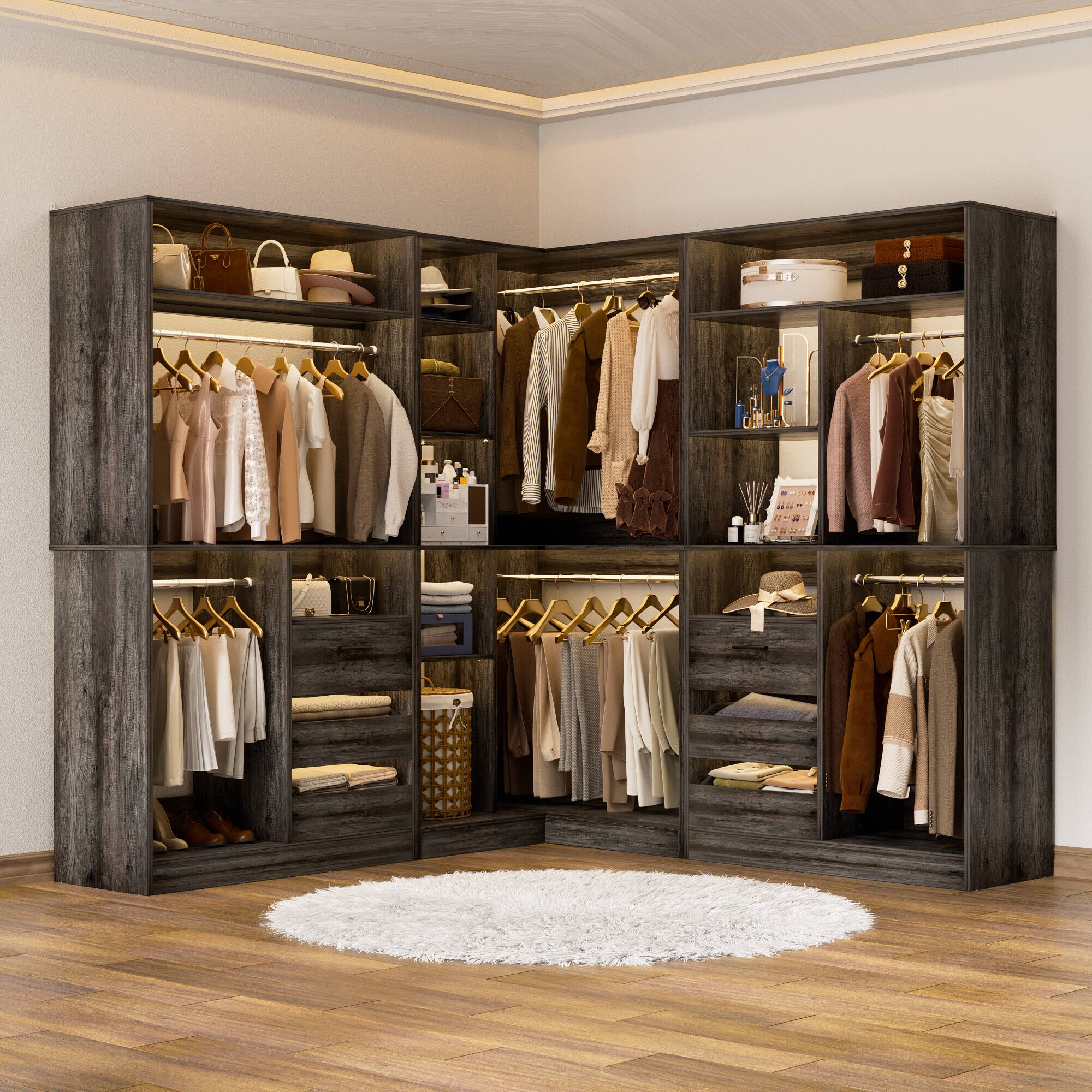 Alt View 2. Aheaplus - 6-9 FT L-Shaped Walk-In Closet with 6 Drawers, 6 Hanging Rods & Open Shelves, Heavy Duty Bedroom Wardrobe - Gray Oak.