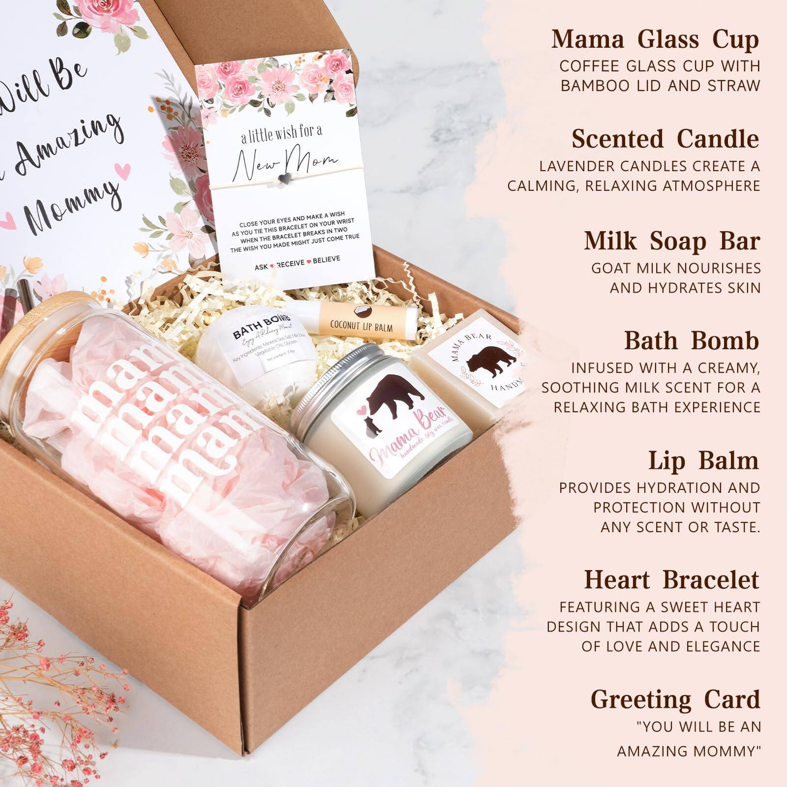**Mama Glass Cup**  
COFFEE GLASS CUP WITH BAMBOO LID AND STRAW

**Scented Candle**  
LAVENDER CANDLES CREATE A CALMING, RELAXING ATMOSPHERE

**Milk Soap Bar**  
GOAT MILK NOURISHES AND HYDRATES SKIN

**Bath Bomb**  
INFUSED WITH A CREAMY, SOOTHING MILK SCENT FOR A RELAXING BATH EXPERIENCE

**Lip Balm**  
PROVIDES HYDRATION AND PROTECTION WITHOUT ANY SCENT OR TASTE

**Heart Bracelet**  
FEATURING A SWEET HEART DESIGN THAT ADDS A TOUCH OF LOVE AND ELEGANCE

**Greeting Card**  
"YOU WILL BE AN AMAZING MOMMY"

---

**a little wish for a New Mom**  
CLOSE YOUR EYES AND MAKE A WISH.  
WRAP THIS BRACELET AROUND YOUR WRIST.  
WHEN THIS BRACELET JUST COMES TRUE,  
ASK - RECEIVE - BELIEVE