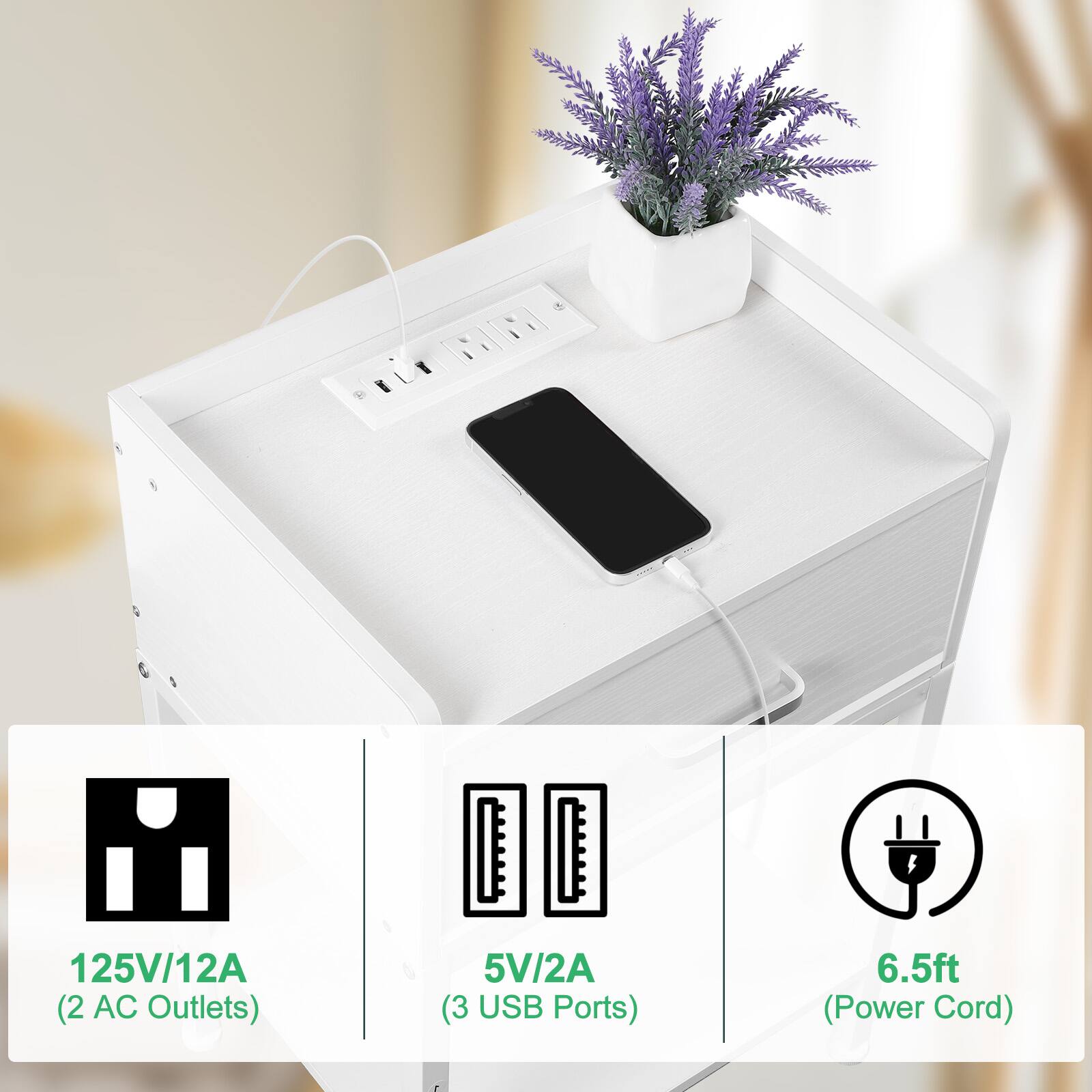 125V/12A (2 AC Outlets)  
5V/2A (3 USB Ports)  
6.5ft (Power Cord)
