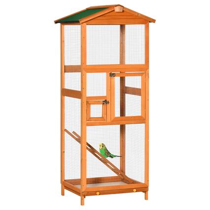 Front. TinyHomie - PawHut 65 inch Wooden Bird Cage Outdoor Aviary 2 Doors Orange.