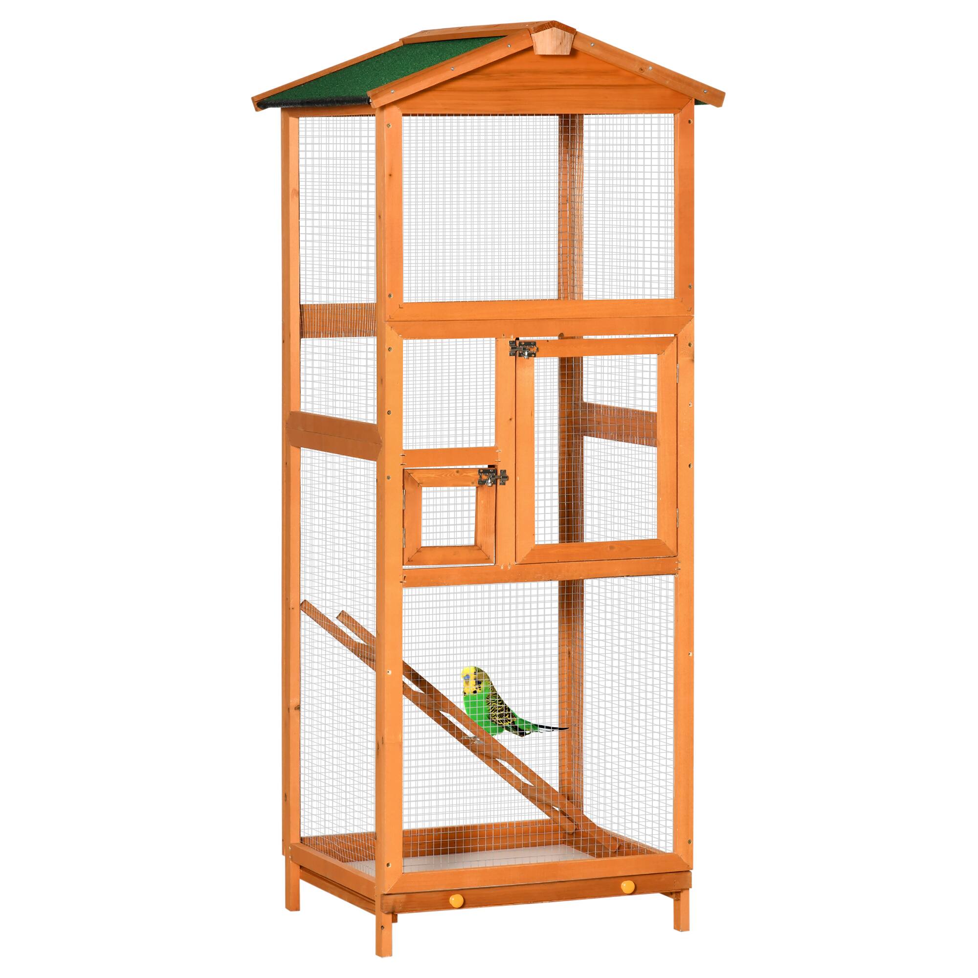 TinyHomie - PawHut 65 inch Wooden Bird Cage Outdoor Aviary 2 Doors Orange