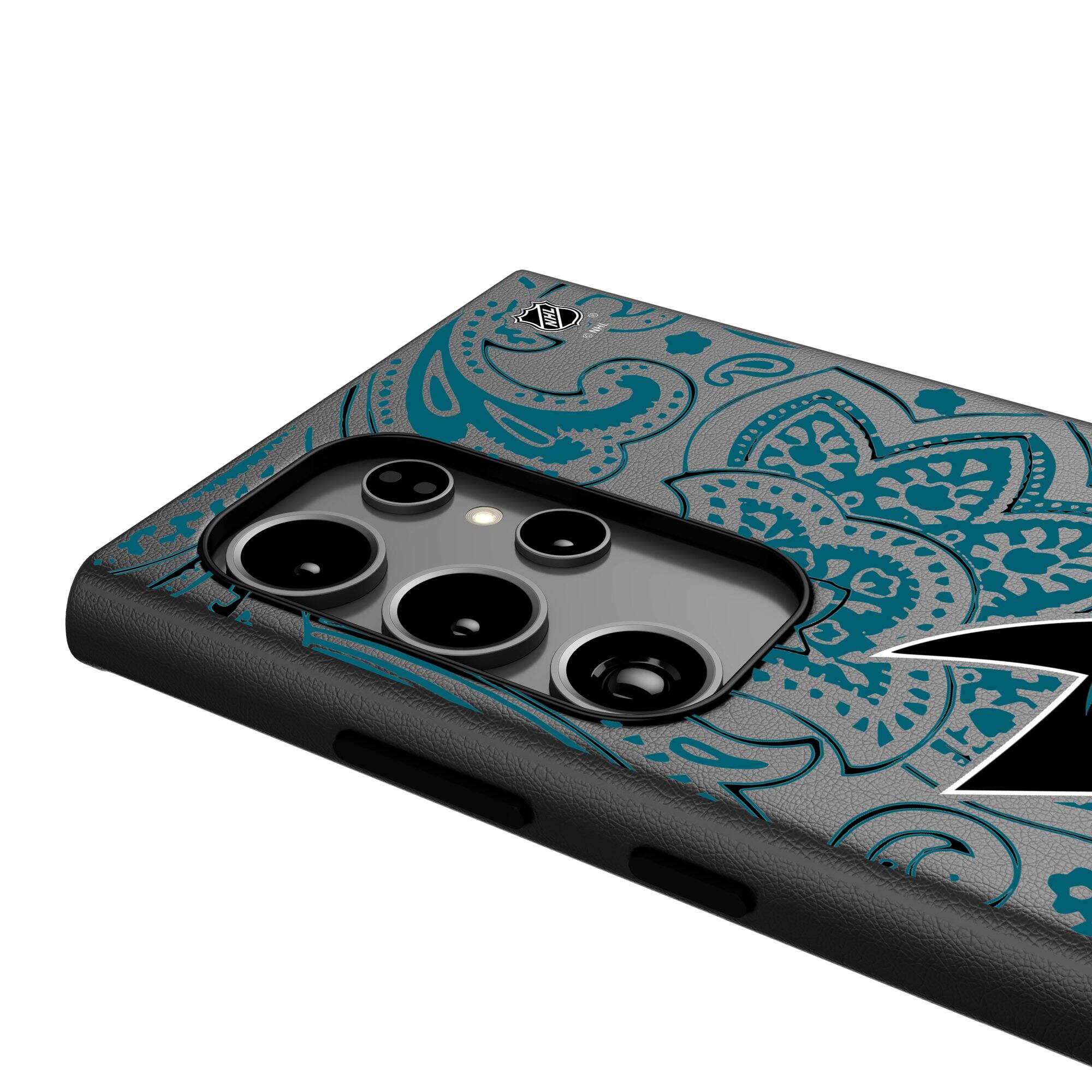 Alt View 3. Keyscaper - San Jose Sharks Paisley Galaxy Magnetic Bump Case - S24 Ultra - Black.