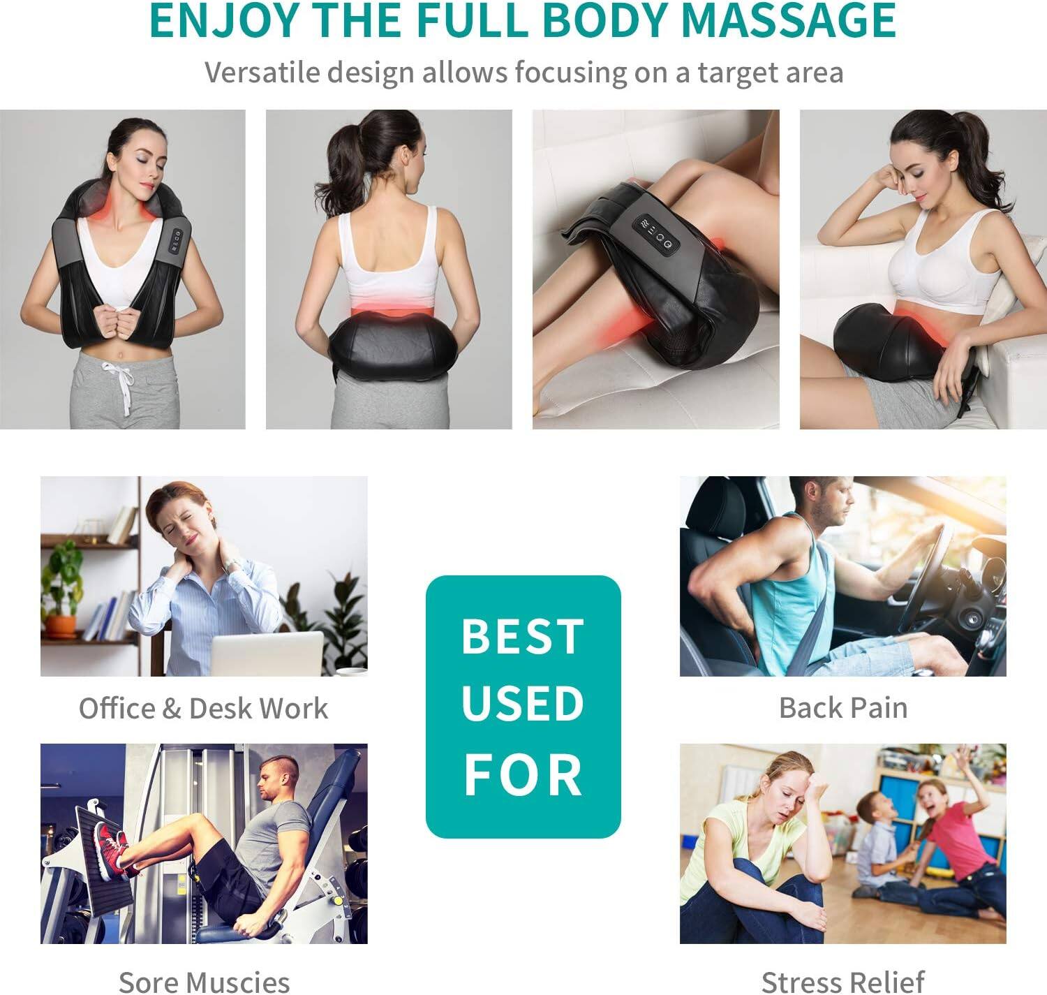 ENJOY THE FULL BODY MASSAGE Versatile design allows focusing on a target area

BEST USED FOR
Office & Desk Work
Back Pain
Sore Muscles
Stress Relief