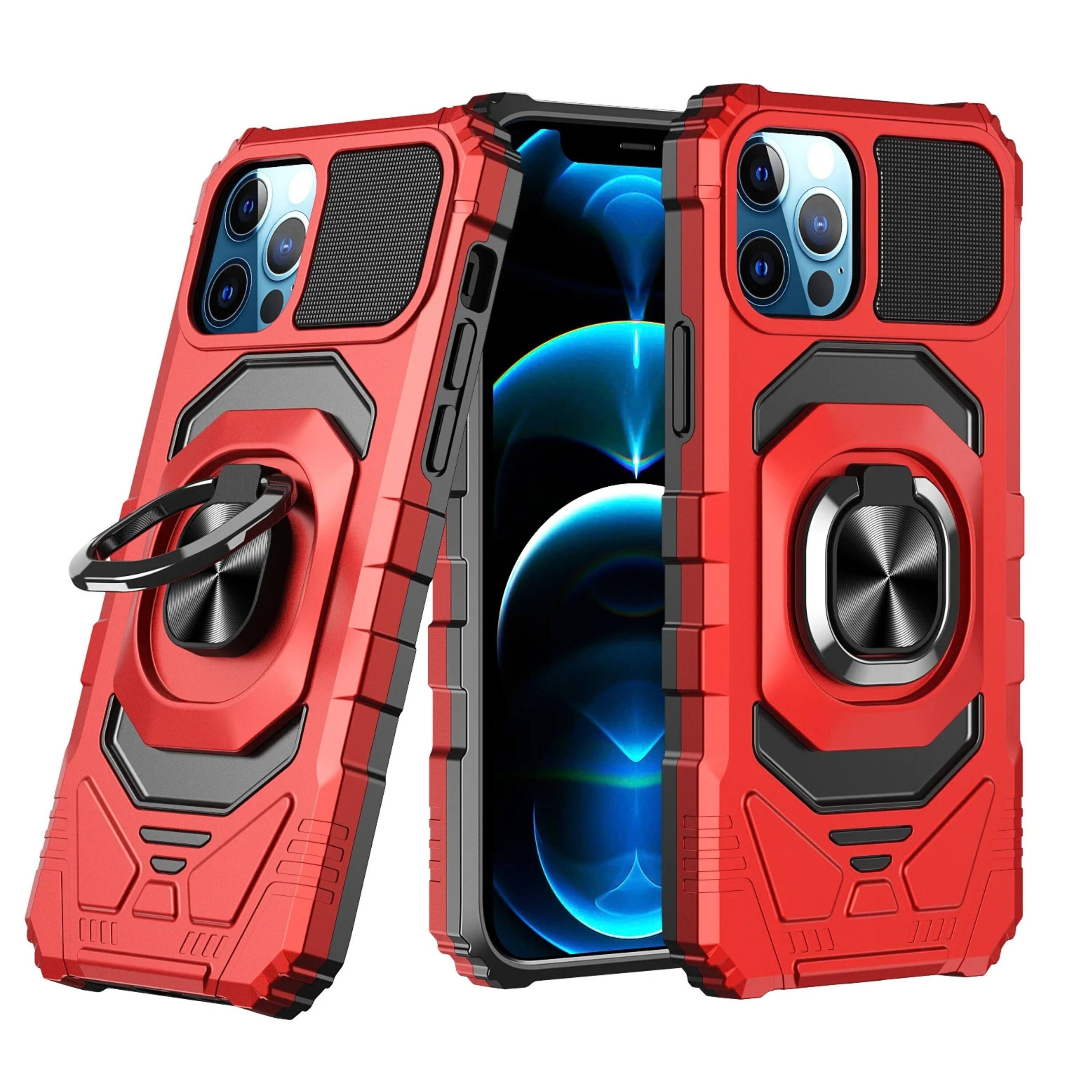Front. Kitcheniva - Dual Layer Ring Stand Hybrid Phone Case With 2 Tempered Glass For iPhone 15 Plus Red - Red.