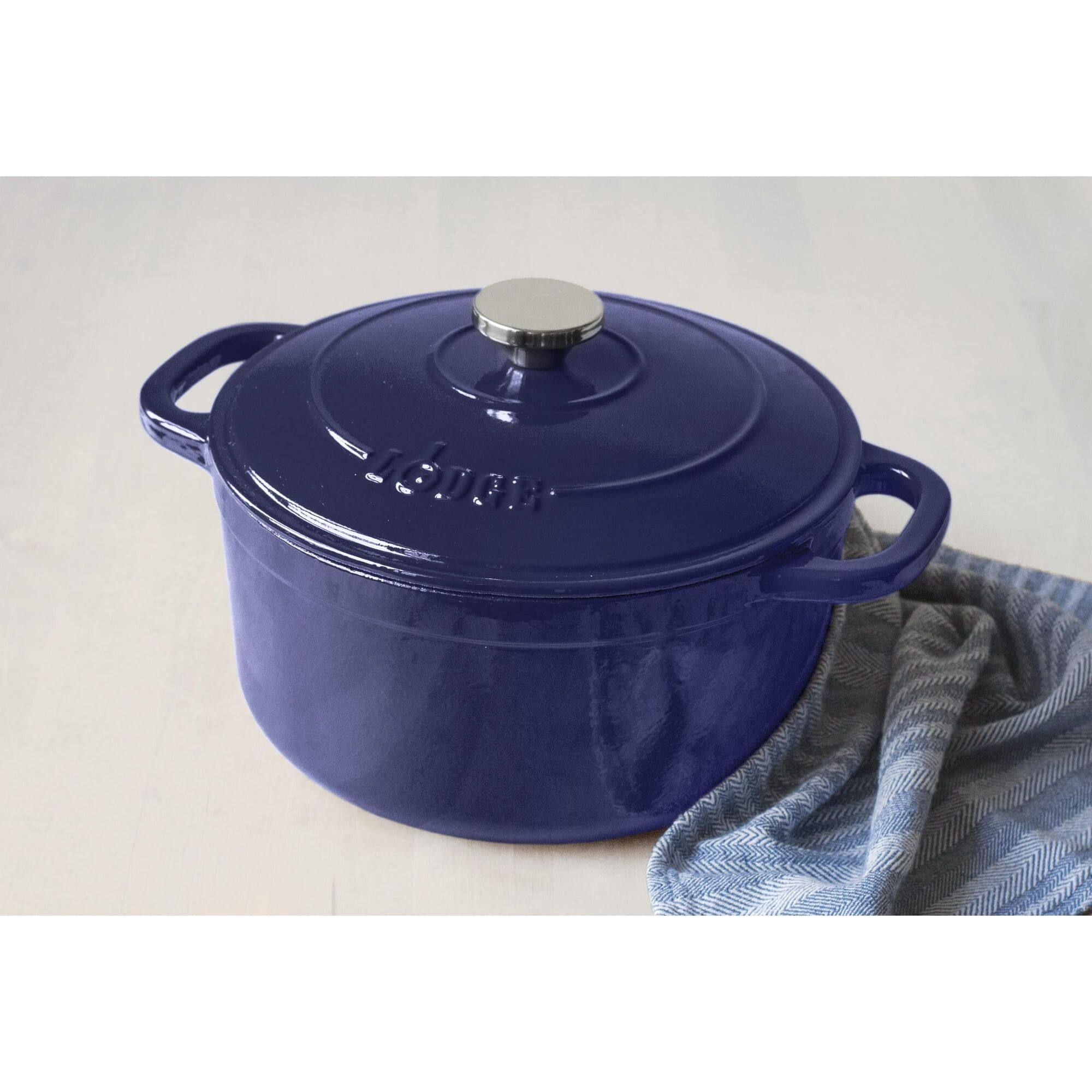 Left. Mirfee - 5.5qt Indigo Enameled Cast Iron Dutch Oven - Blue.