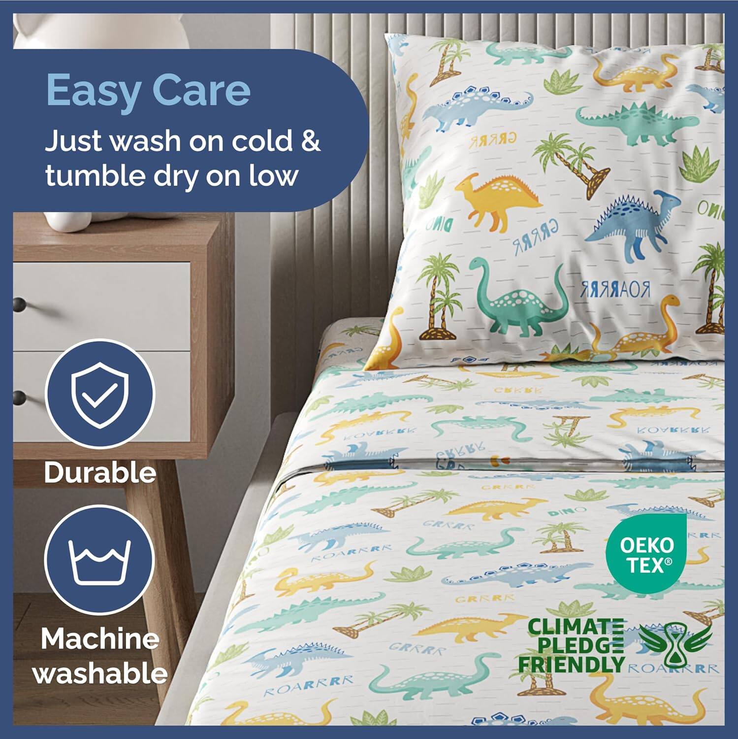 Easy Care  
Just wash on cold & tumble dry on low  

Durable  
Machine washable  

OEKO TEX  
CLIMATE PLEDGE FRIENDLY