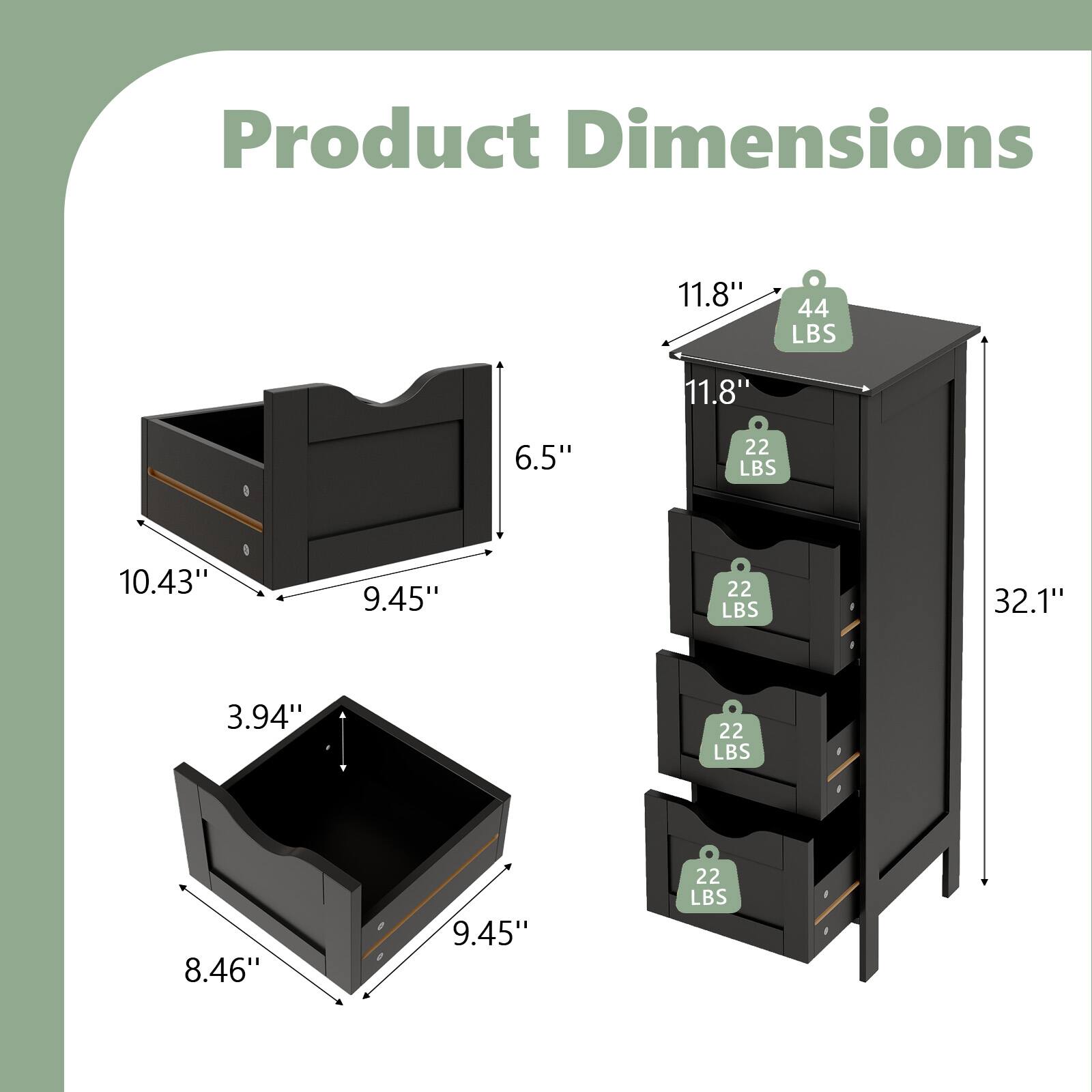 Product Dimensions

- 11.8" x 11.8" x 6.5" - 44 LBS
- 10.43" x 9.45" x 3.94" - 22 LBS
- 8.46" x 9.45" x 3.94" - 22 LBS
- 32.1" (Height)