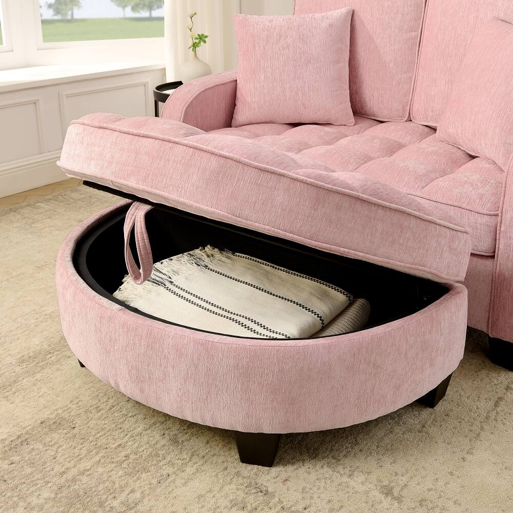 Alt View 3. Loheer - Loheer Pink Two-Seater Sofa Corduroy Double Sofa Chaise Longue with Storage Footrest and Throw Pillows - Pink.